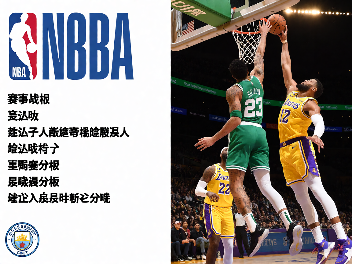NBA赛场上洛杉矶湖人队与波士顿凯尔特人队激烈对抗，球员高高跃起扣篮